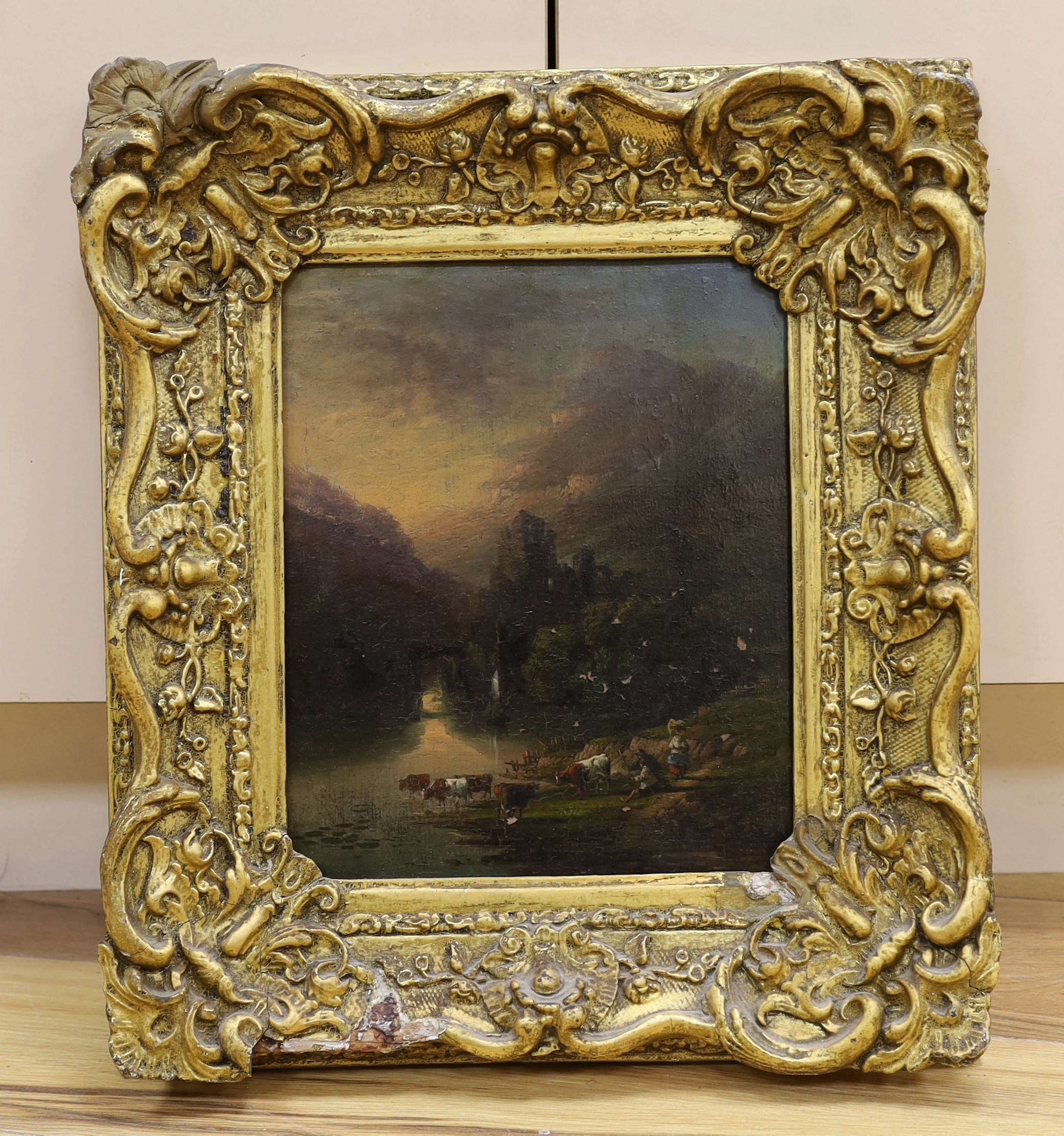 Attributed to Copley Fielding (1787-1855), oil on panel, 'A View at Inverary', inscribed verso, 28 x 23cm, ornate gilt frame